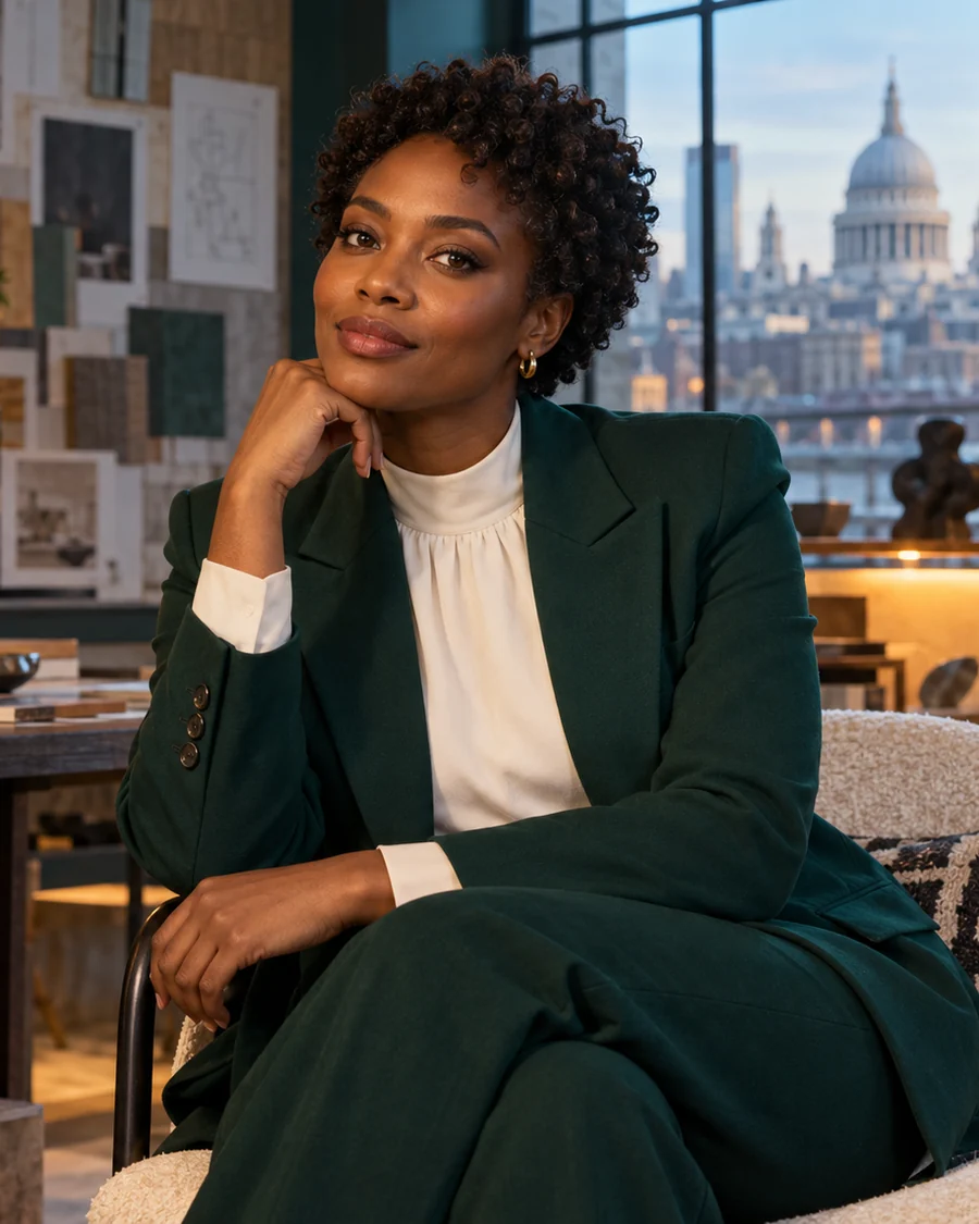 Fictional adult woman in an emerald suit seated in a London studio