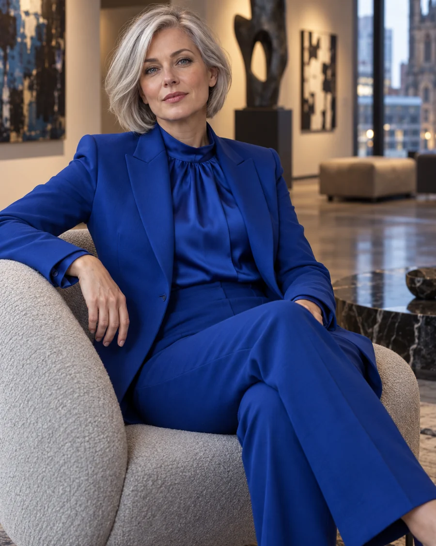Fictional adult woman with silver hair wearing a cobalt suit
