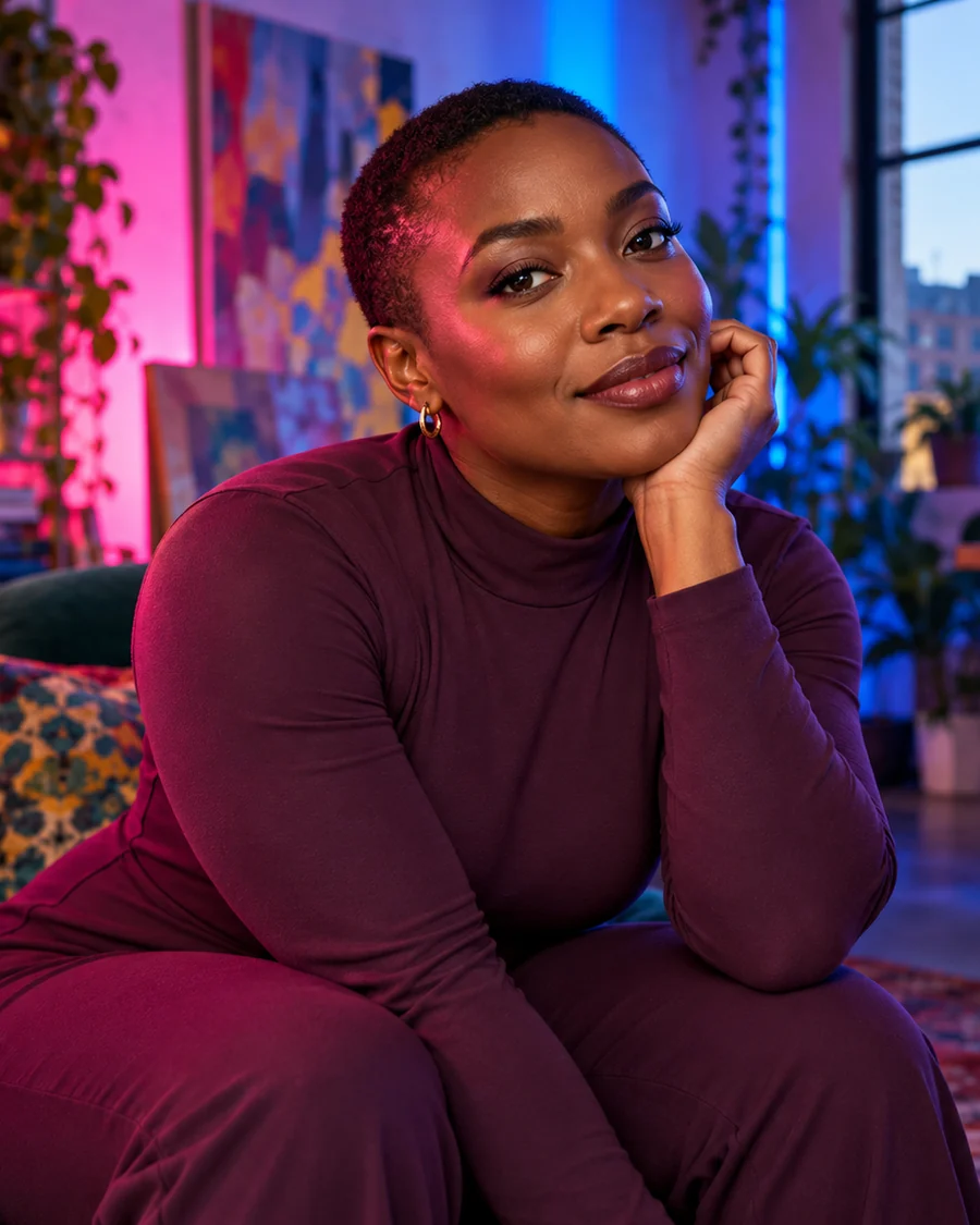 Fictional adult woman in a plum outfit under colourful studio lights