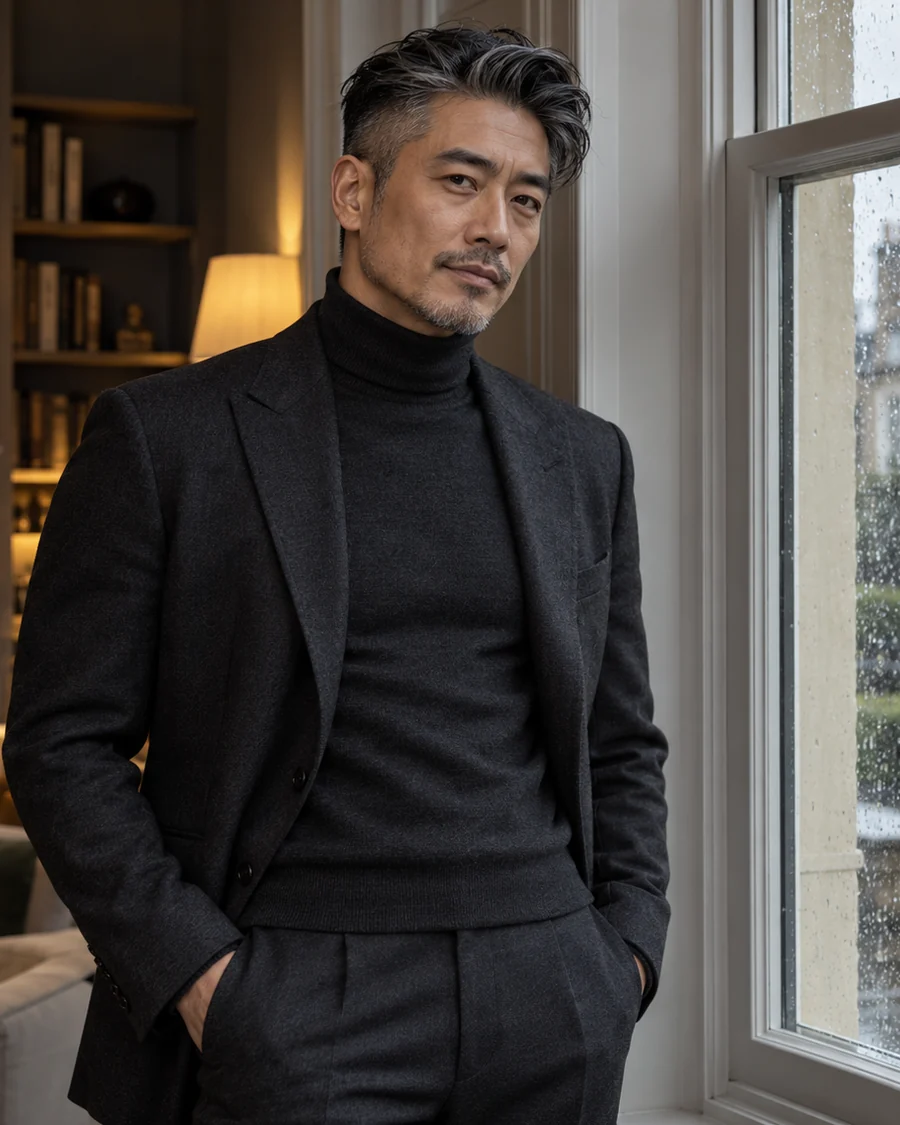 Fictional adult man in a charcoal jacket by a rainy window
