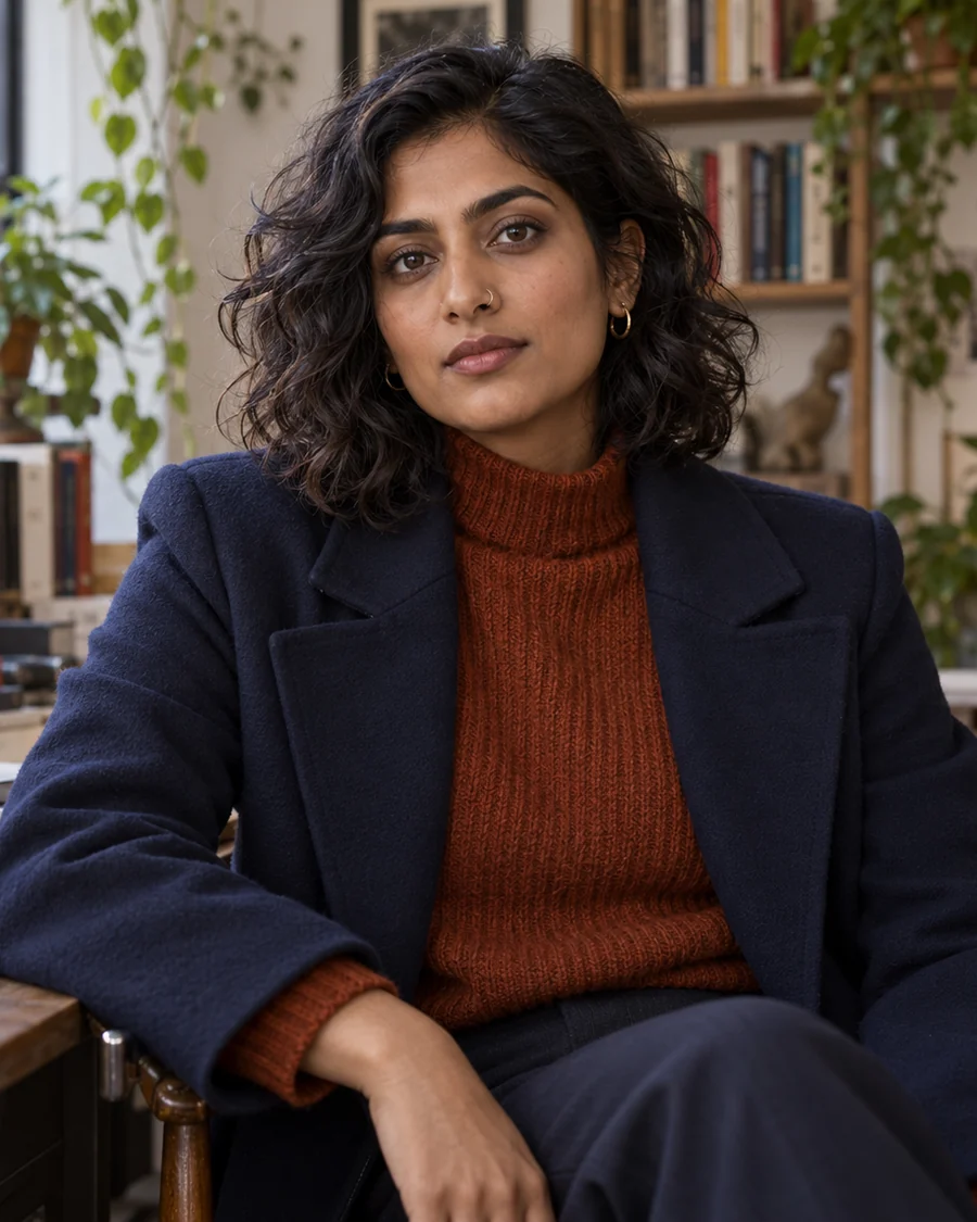 Fictional adult nonbinary person in a navy coat among books and plants