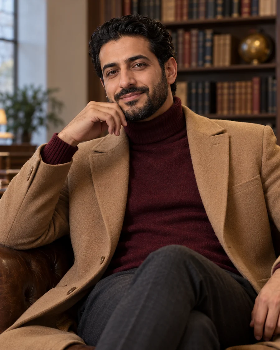 Fictional adult man in a camel coat inside a warm library