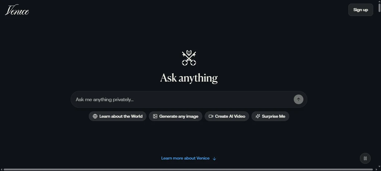 Venice AI homepage showing the Ask anything prompt field